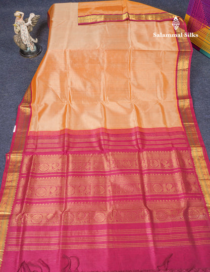 Dark Sandal Tiny Checks Pure Silk Cotton Saree With Contrast Magenta Traditional Border