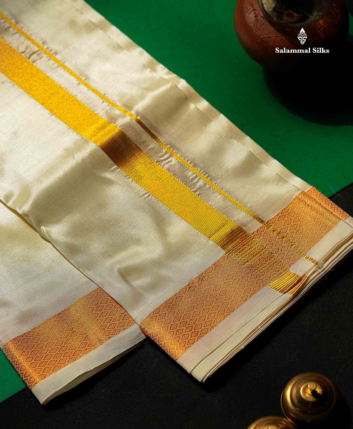 Beautiful Cream White Pure Mix 8 Muzham Dhoti With Gold Zari Border