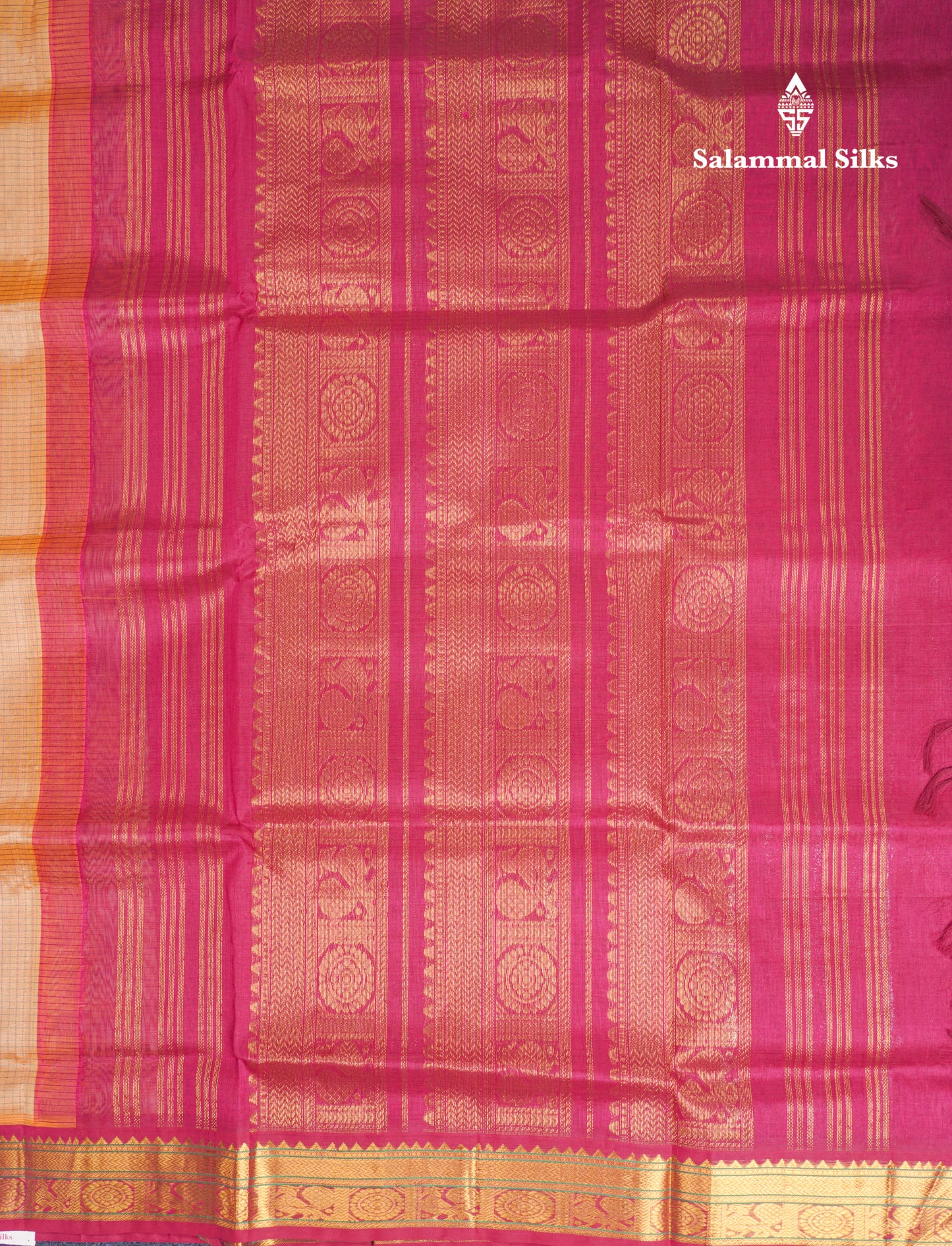 Dark Sandal Tiny Checks Pure Silk Cotton Saree With Contrast Magenta Traditional Border