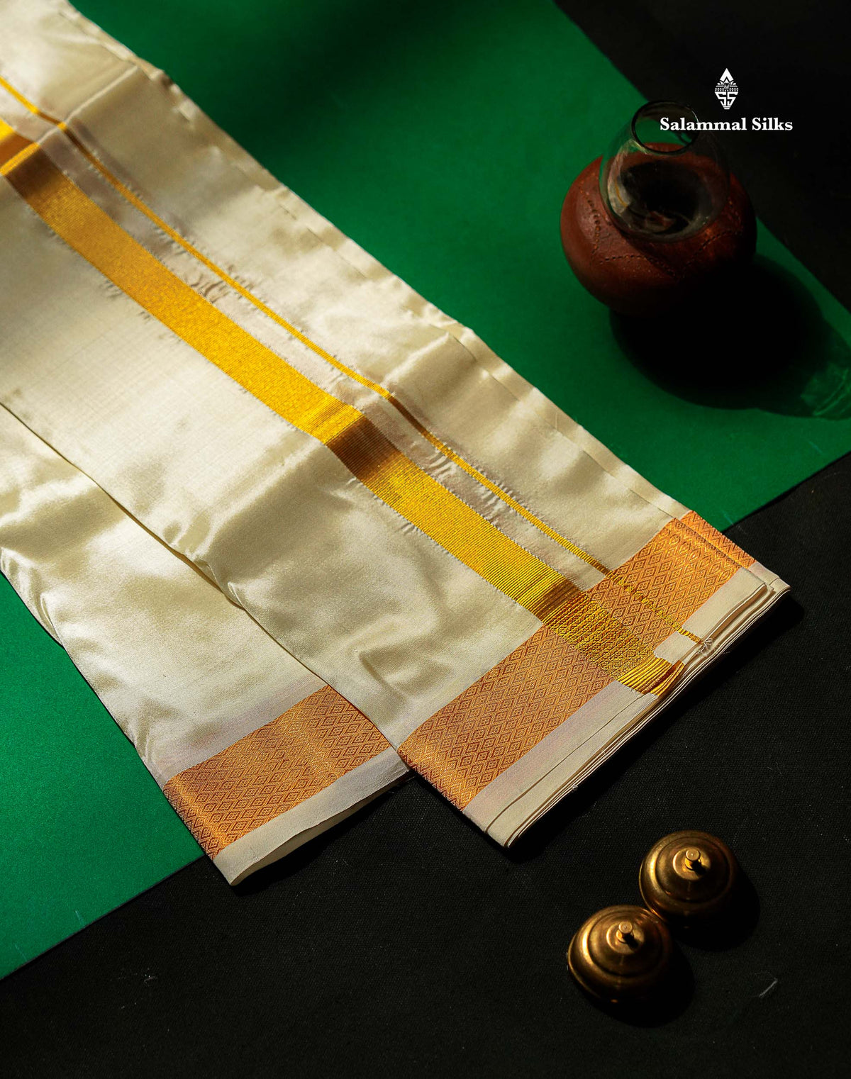 Beautiful Cream White Asha Mix 8 Muzham Dhoti With Gold Zari Border
