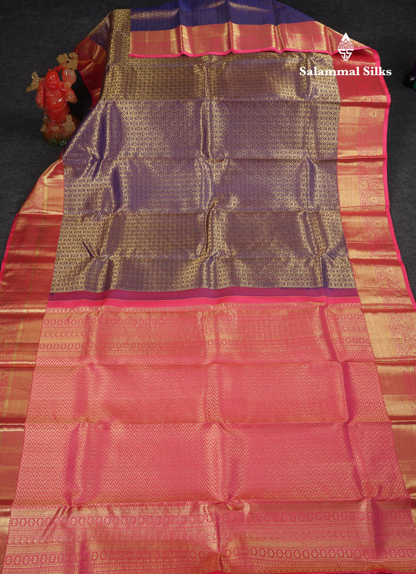 Beautiful Violet Bridal Pure Kanjivaram Silk Saree With Contrast Pink Traditional Border
