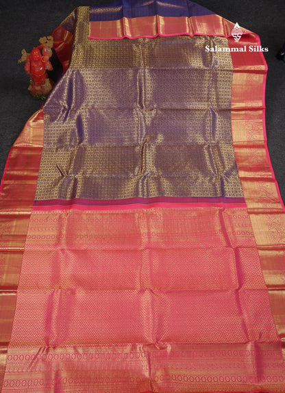 Beautiful Violet Bridal Pure Kanjivaram Silk Saree With Contrast Pink Traditional Border