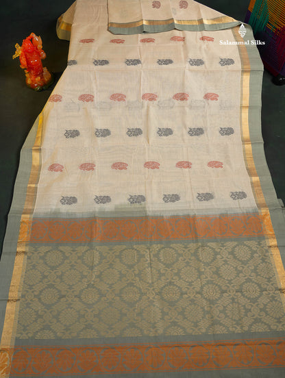 Handloom Pure Cotton Saree - Cream Colour Body With Contrast Cream Green Blouse 