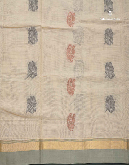 Handloom Pure Cotton Saree - Cream Colour Body With Contrast Cream Green Blouse