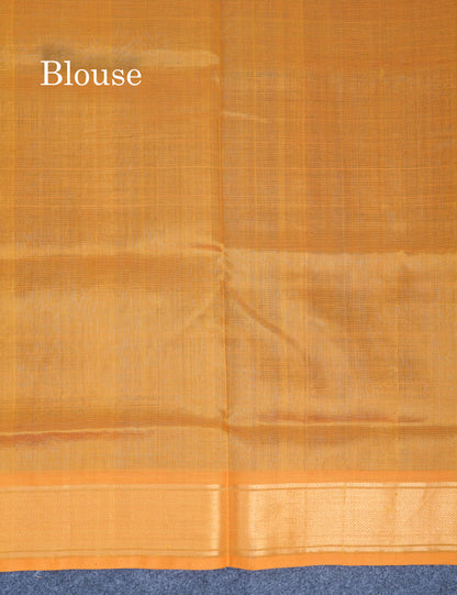 Ramar Blue Plain Pure Silk Cotton Saree With Contrast Mustard Yellow Blouse