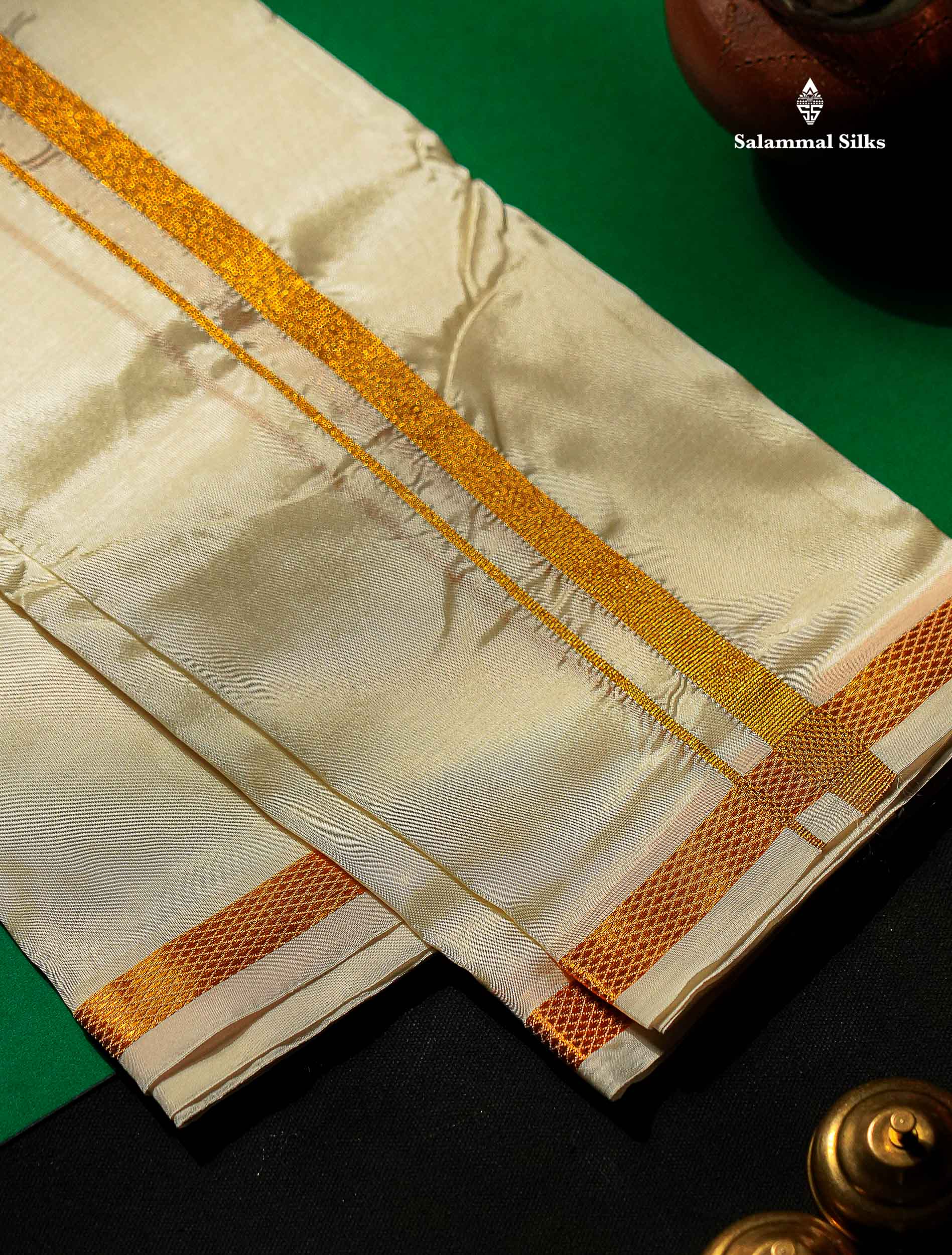 Asha Mix Dhoti With Angavastram - Cream White With Gold Zari Border | 8×4