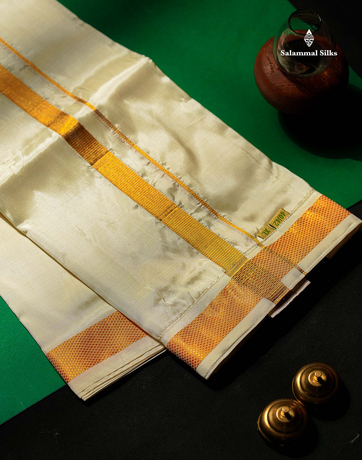 Beautiful Cream White Pure Mix Velcro Pocket Dhoti (40/42) With Gold Zari Border