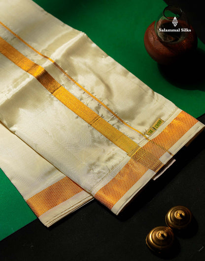 Beautiful Cream White Pure Mix Velcro Pocket Dhoti (40/42) With Gold Zari Border