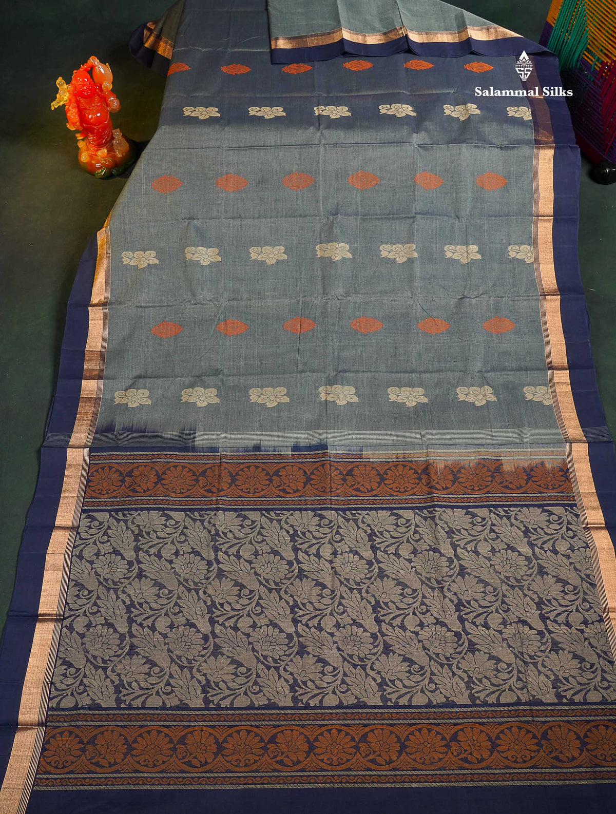 Handloom Pure Cotton Saree -  Blueish Grey Colour Body With Contrast Navy Blue Border