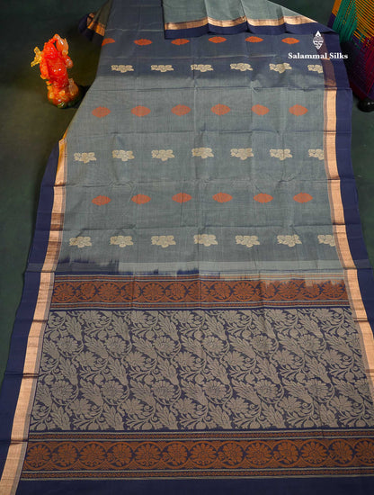 Handloom Pure Cotton Saree -  Blueish Grey Colour Body With Contrast Navy Blue Border