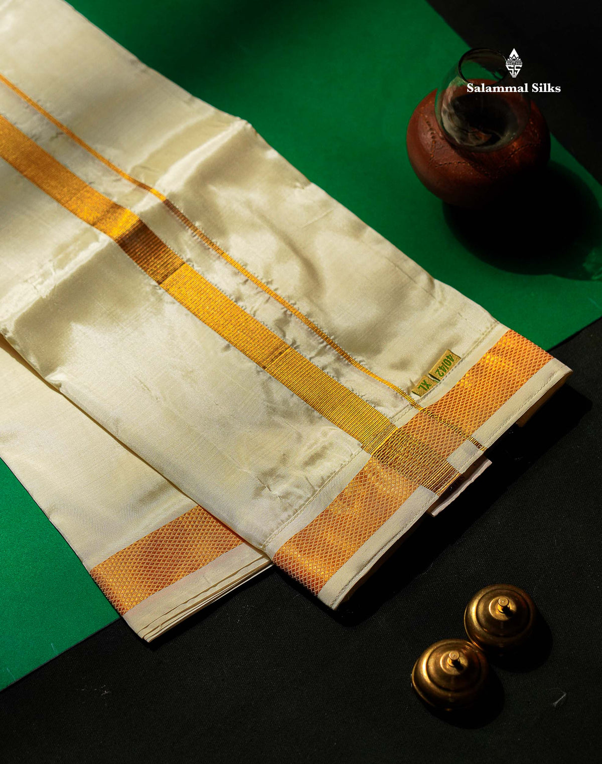 Beautiful Cream White Pure Mix Velcro Pocket Dhoti (40/42) With Gold Zari Border