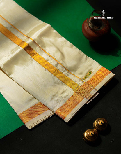 Beautiful Cream White Pure Mix Velcro Pocket Dhoti (40/42) With Gold Zari Border