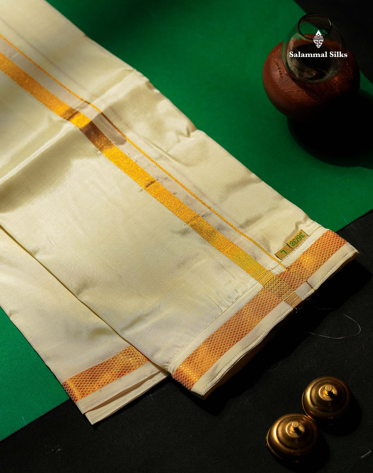 Beautiful Cream White Pure Mix Velcro Pocket Dhoti (36/38) With Gold Zari Border
