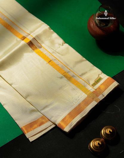 Beautiful Cream White Pure Mix Velcro Pocket Dhoti (36/38) With Gold Zari Border