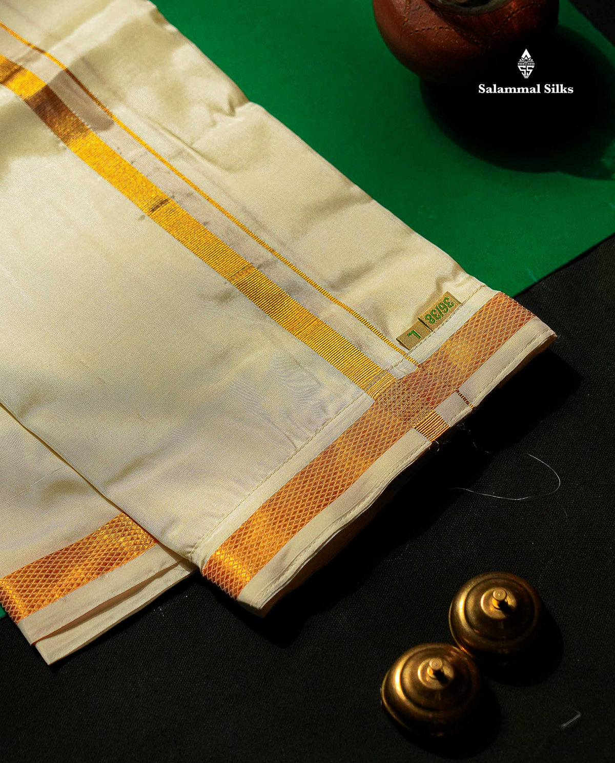 Beautiful Cream White Pure Mix Velcro Pocket Dhoti (36/38) With Gold Zari Border