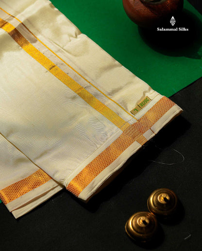 Beautiful Cream White Pure Mix Velcro Pocket Dhoti (36/38) With Gold Zari Border