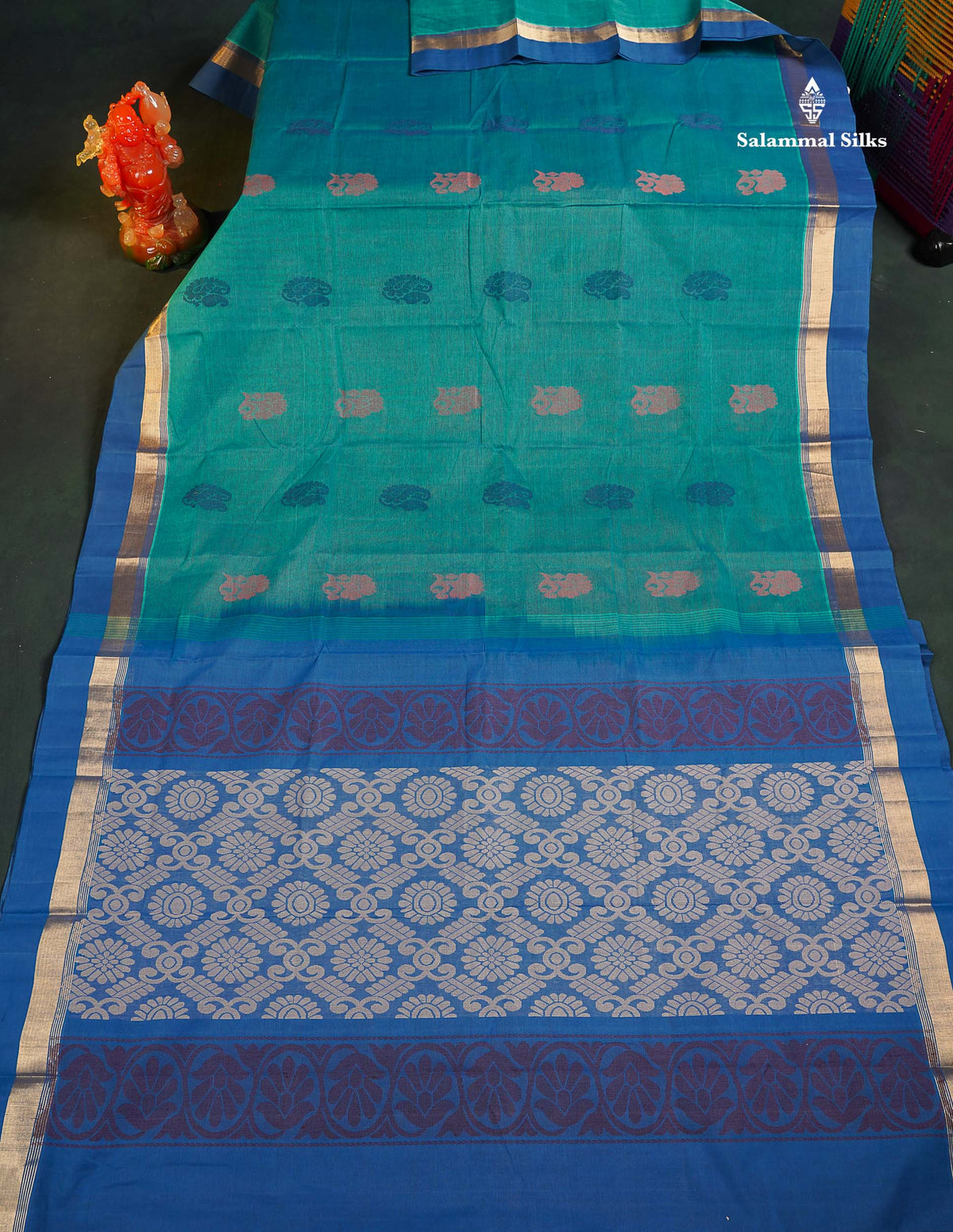 Handloom Pure Cotton Saree -  Teal Blue Colour Body With Contrast Blue Blouse