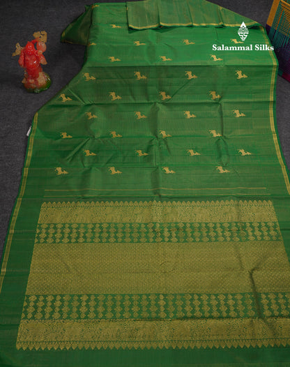 Beautiful Bottle Green Vaira Oosi Lines Pure Kanjivaram Silk Saree With Small Border