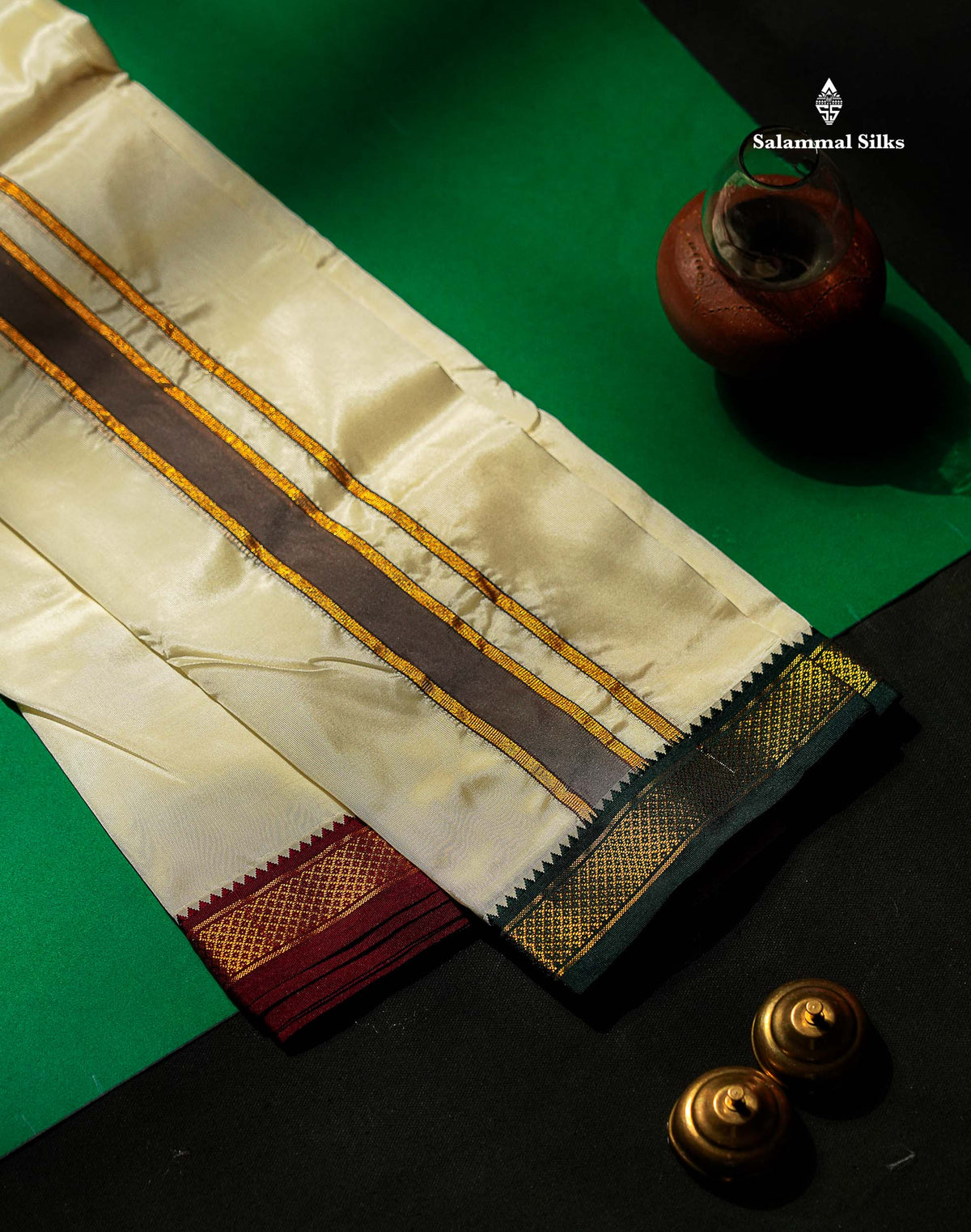 Beautiful Cream White Asha Mix 8 Muzham Dhoti With Ganga And Jamuna Border