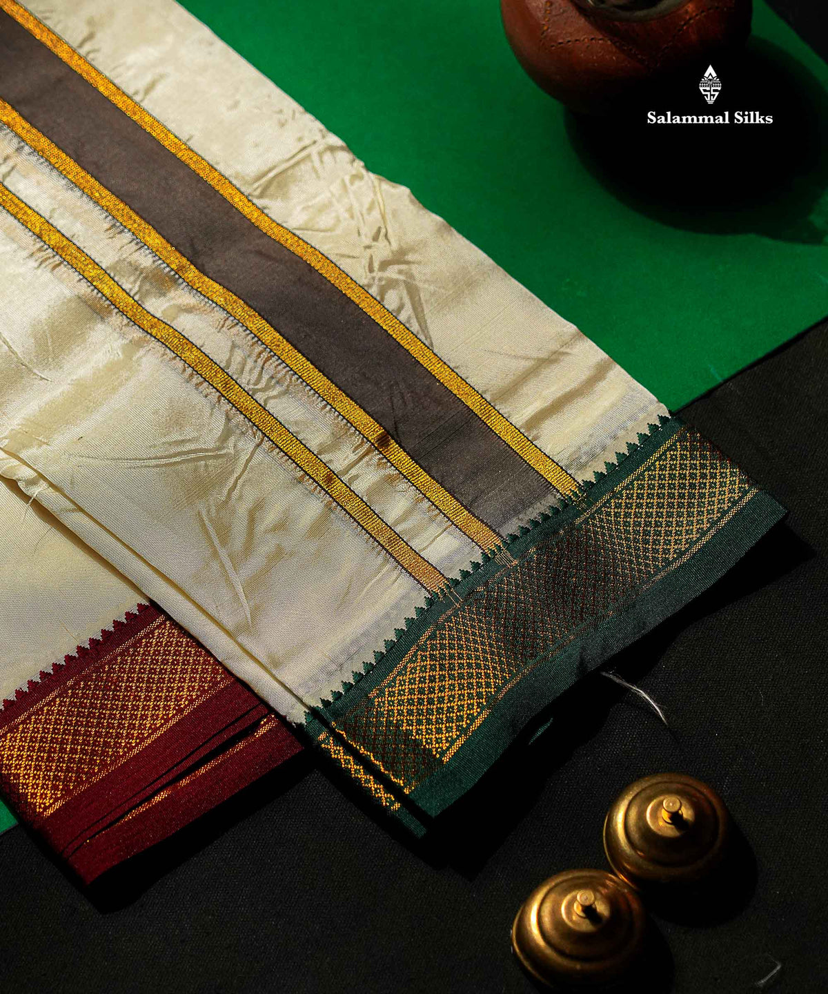 Beautiful Cream White Asha Mix 8 Muzham Dhoti With Traditional Ganga Jamuna Border