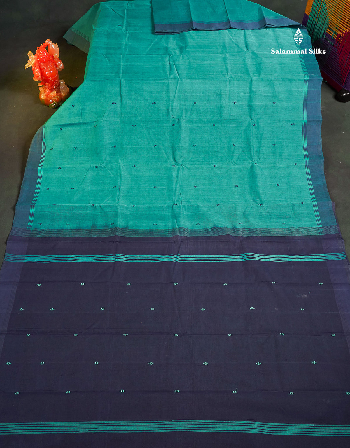 Handloom Pure Cotton Saree -  Teal Green Colour Body With Contrast Dark Navy Blue Blouse