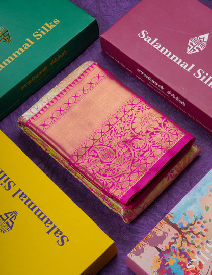 Lemon Yellow Bridal Tissue Semi Silk Saree With Contrast Pink Traditional Evening Morning Border