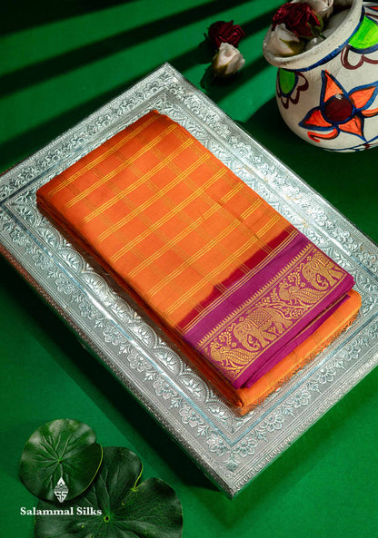 Beautiful Orange Zari Checks Sungudi Cotton Saree With Contrast Magenta Pink Traditional Border
