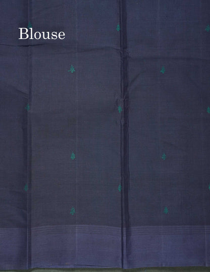 Handloom Pure Cotton Saree -  Grey Colour Body With Contrast Dark Navy Blue Blouse