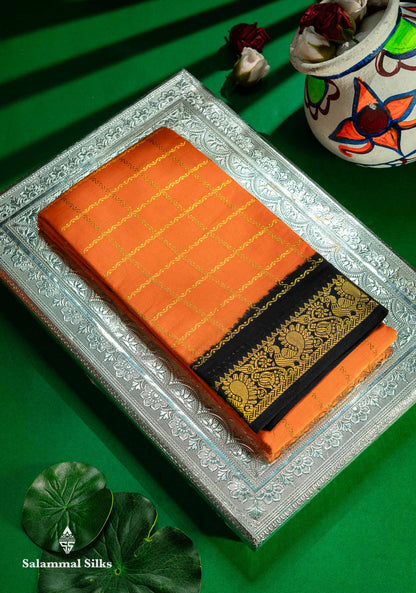 Beautiful Orange Zari Checks Sungudi Cotton Saree With Contrast Navy Blue Traditional Small Border