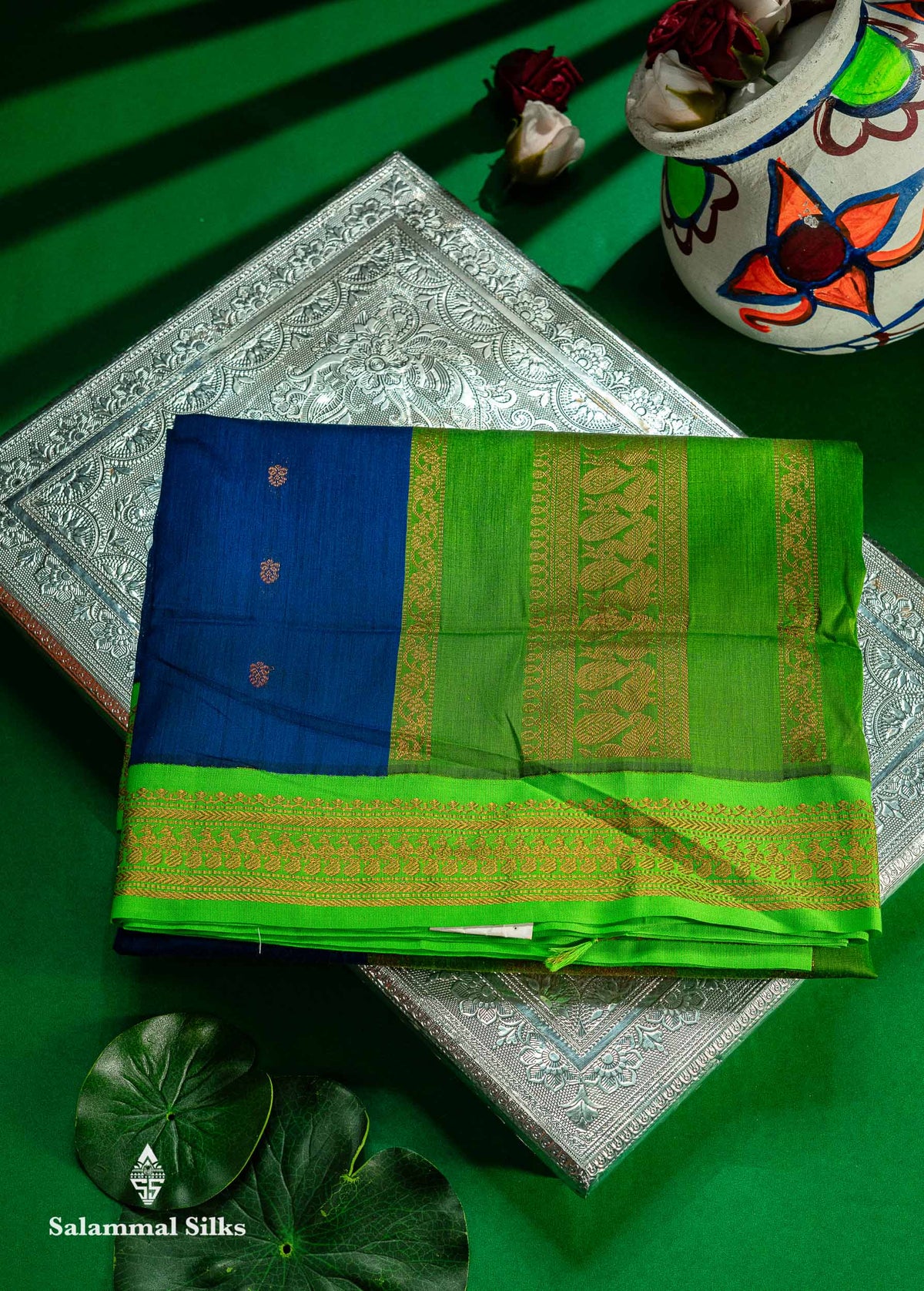 Beautiful Navy Blue Kalyani Cotton Saree With Contrast Parrot Green Blouse