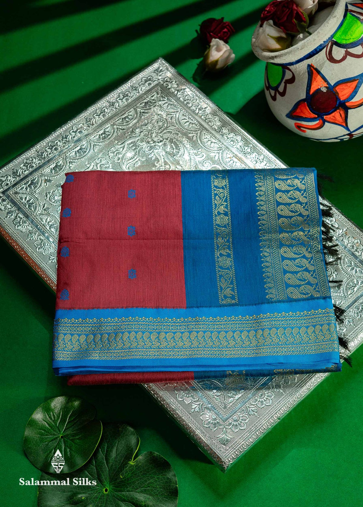 Beautiful Dual Tone Maroon Kalyani Cotton Saree With Contrast Blue Blouse