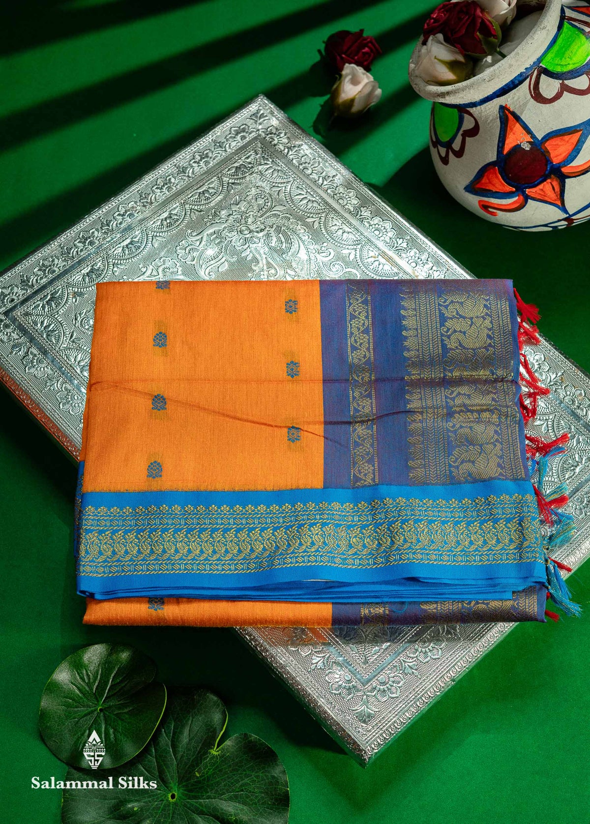 Mango Yellow Kalyani Cotton Saree With Contrast Dual Tone Violet Blouse