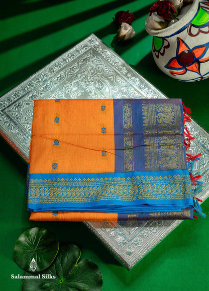 Mango Yellow Kalyani Cotton Saree With Contrast Dual Tone Violet Blouse