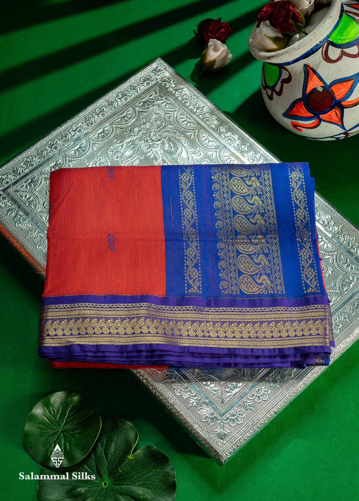 Red Kalyani Cotton Saree With Contrast Violet Border