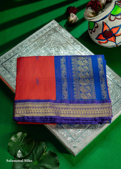 Red Kalyani Cotton Saree With Contrast Violet Border