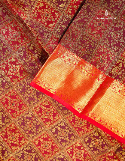 Bridal Pure Kanjivaram Silk Saree - Maroon Colour Body With Contrast Chilly Red Traditional Evening Morning Border