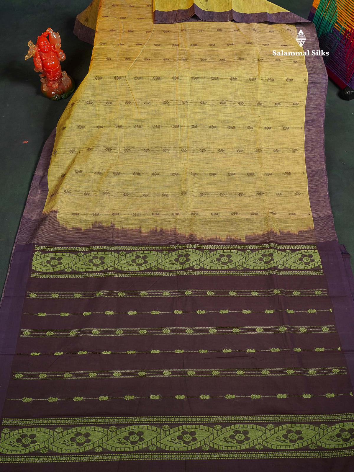 Handloom Pure Cotton Saree - Manthulir Green Colour Body With Contrast Dark Brown Blouse