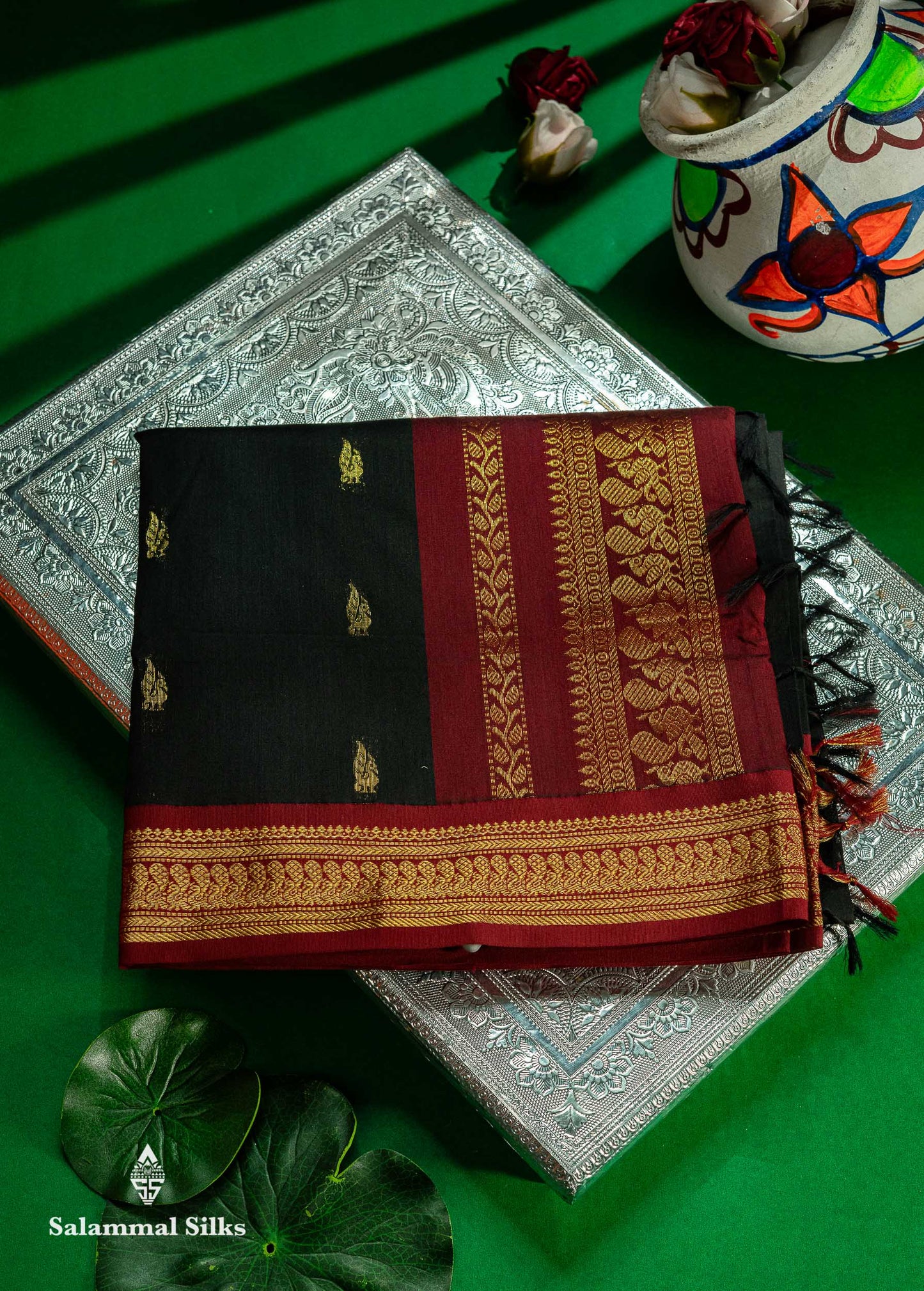Beautiful Black Zari Butta Kalyani Cotton Saree With Contrast Maroon Traditional Border