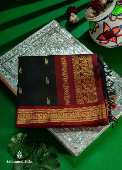 Beautiful Black Zari Butta Kalyani Cotton Saree With Contrast Maroon Traditional Border