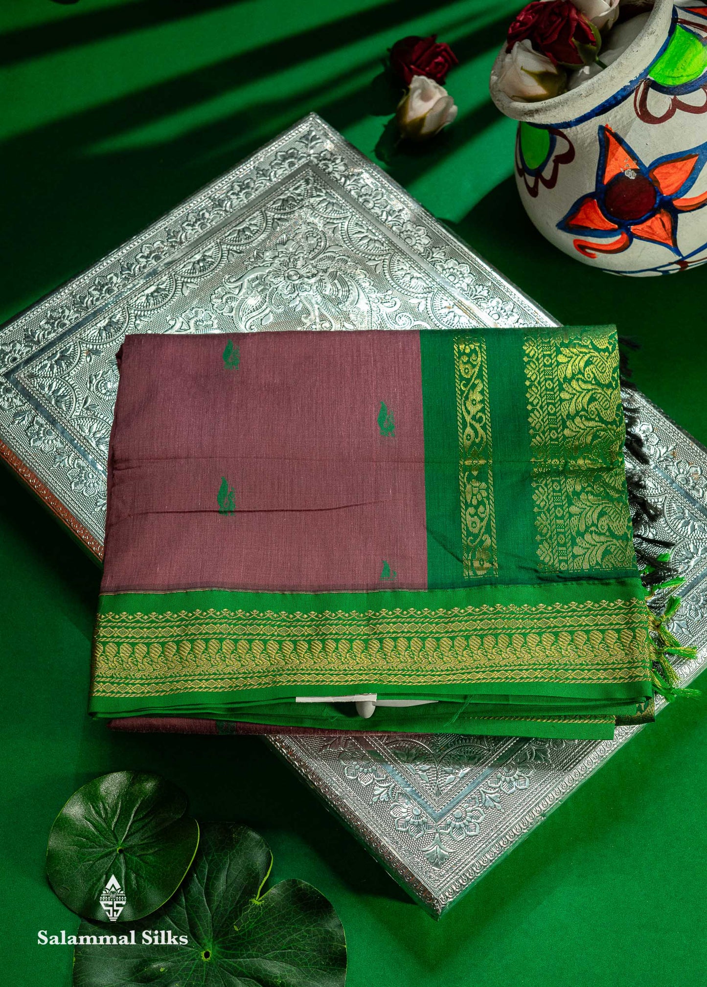 Beautiful Light Chocolate Thread Butta Kalyani Cotton Saree With Contrast Green Traditional Border