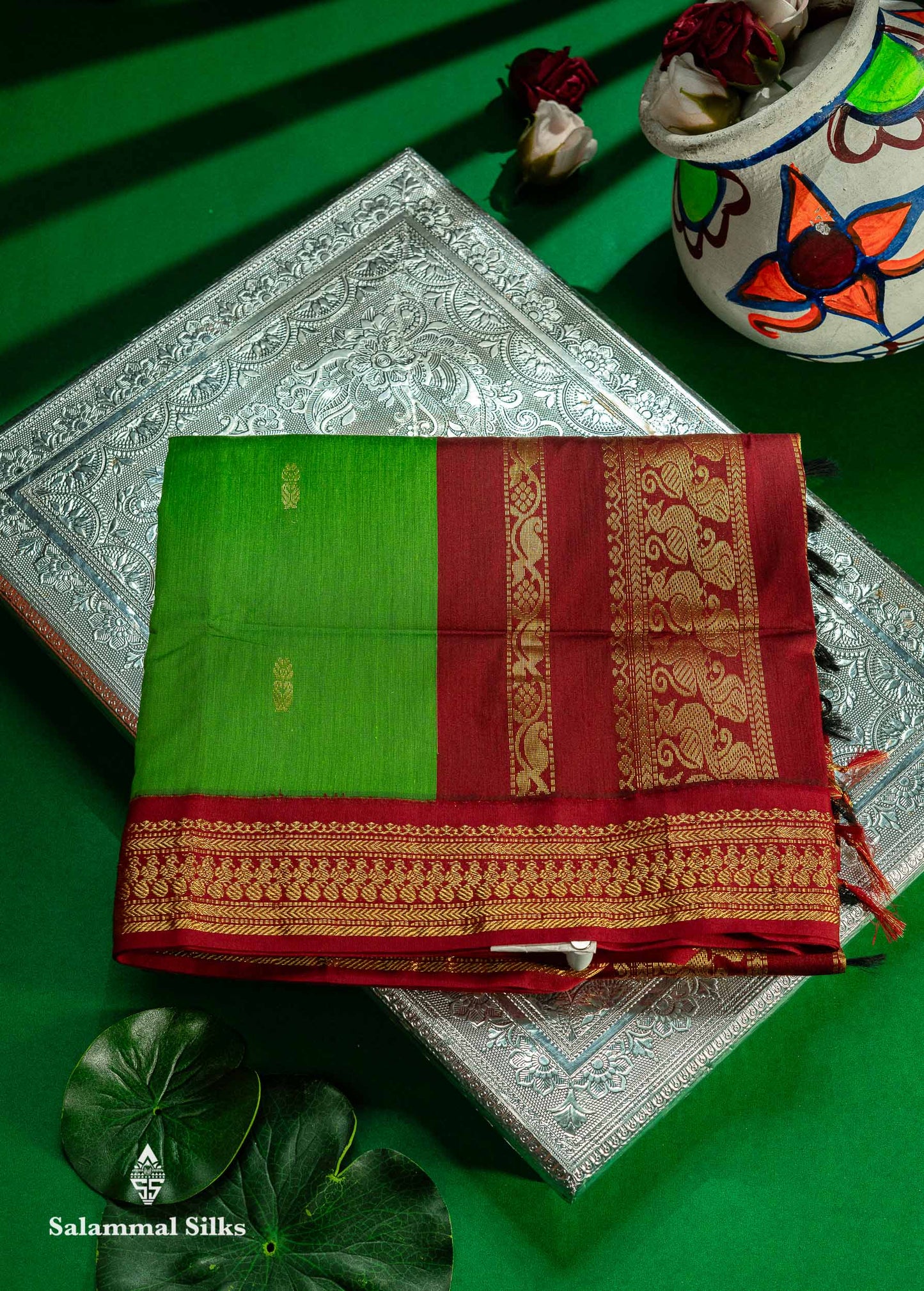 Beautiful Green Zari Butta Kalyani Cotton Saree With Contrast Maroon Traditional Border