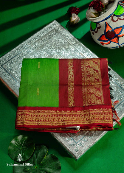 Beautiful Green Zari Butta Kalyani Cotton Saree With Contrast Maroon Traditional Border