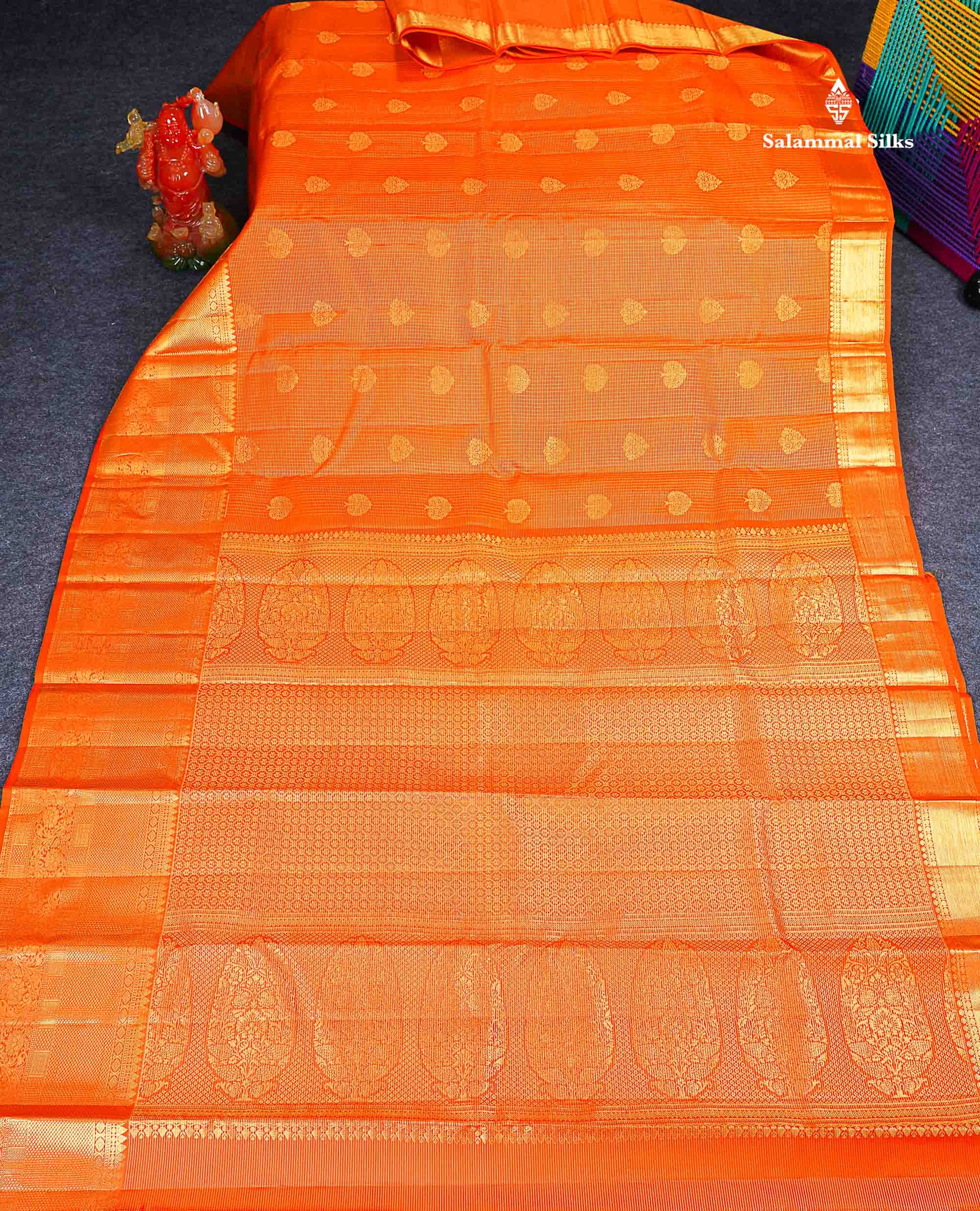 Pure Kanjivaram Silk Saree - Orange Colour Body Small Zari Checks With Butta & Traditional Evening Morning Border