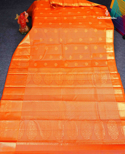 Pure Kanjivaram Silk Saree - Orange Colour Body Small Zari Checks With Butta & Traditional Evening Morning Border