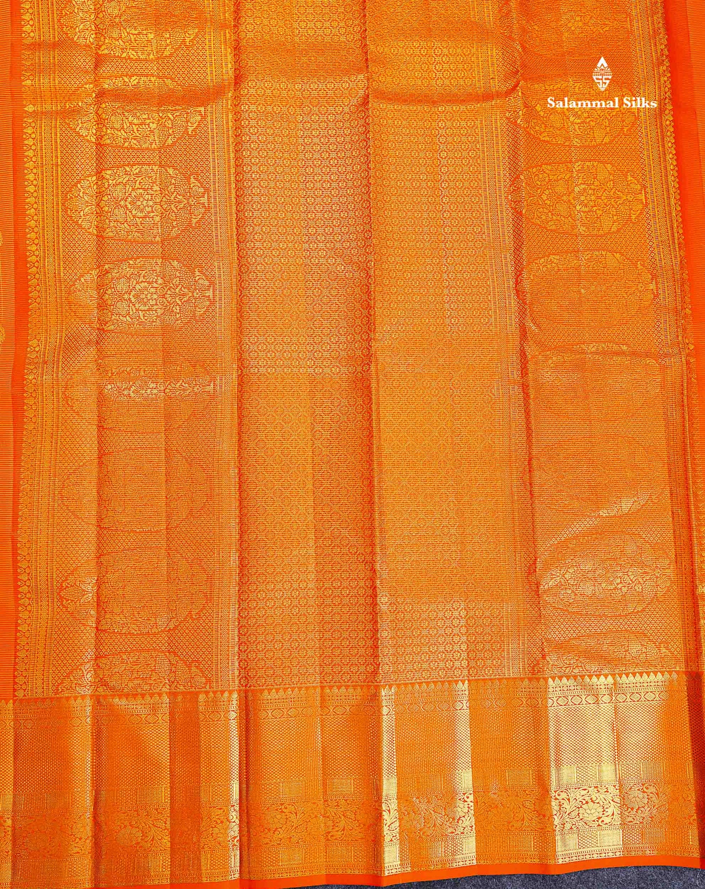 Pure Kanjivaram Silk Saree - Orange Colour Body Small Zari Checks With Butta & Traditional Evening Morning Border