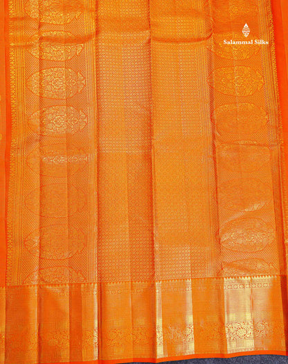 Pure Kanjivaram Silk Saree - Orange Colour Body Small Zari Checks With Butta & Traditional Evening Morning Border