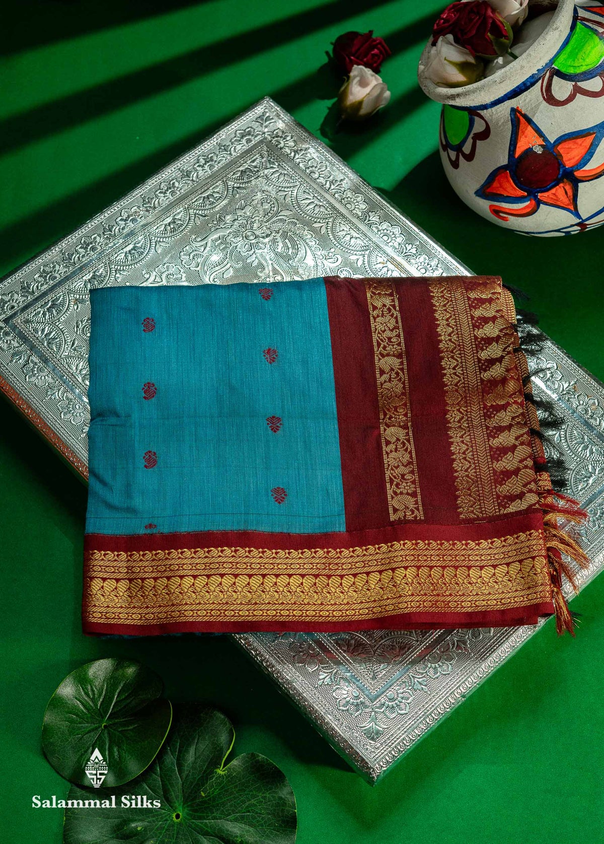 Beautiful Blue Kalyani Cotton Saree With Contrast Dark Maroon Blouse