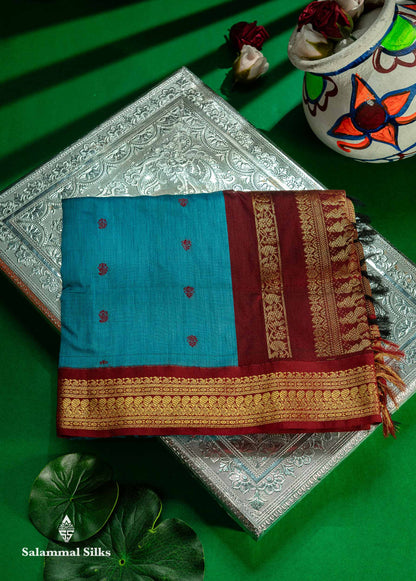Beautiful Blue Kalyani Cotton Saree With Contrast Dark Maroon Blouse