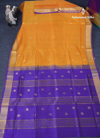Mustard Yellow Pure Silk Cotton Saree With Contrast Violet Blouse