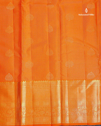 Pure Kanjivaram Silk Saree - Orange Colour Body Small Zari Checks With Butta & Traditional Evening Morning Border